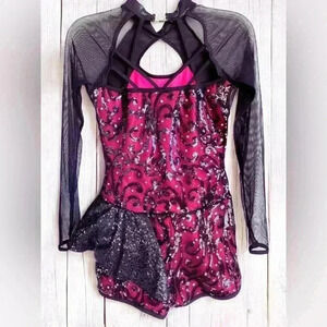 Curtain Call Black Pink Chiffon Long Sleeve Costume Lace Sequins Dance Adult M